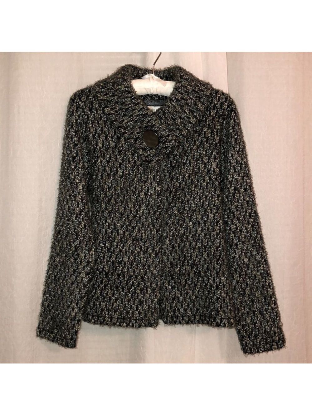 Tweeds M Wool Blend Olive Green Teal Gray White Boucle Chunky Knit Cardigan
